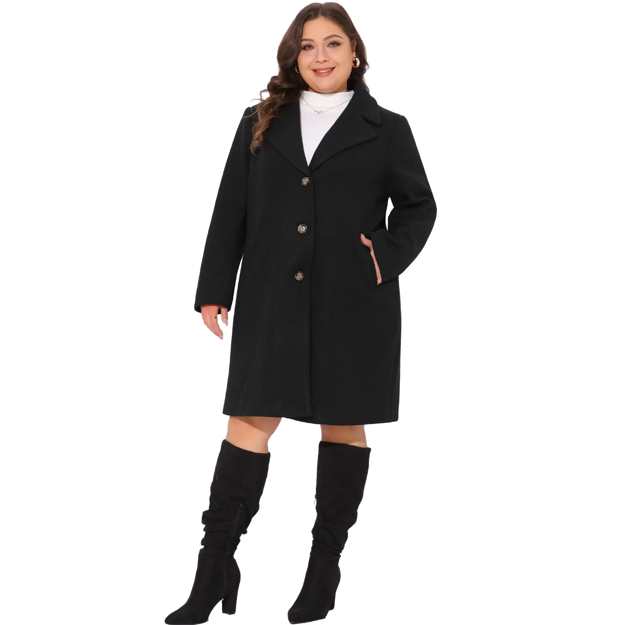 DARING DIVA Women's Plus Size Mid Length Notch Lapel Pea Coat