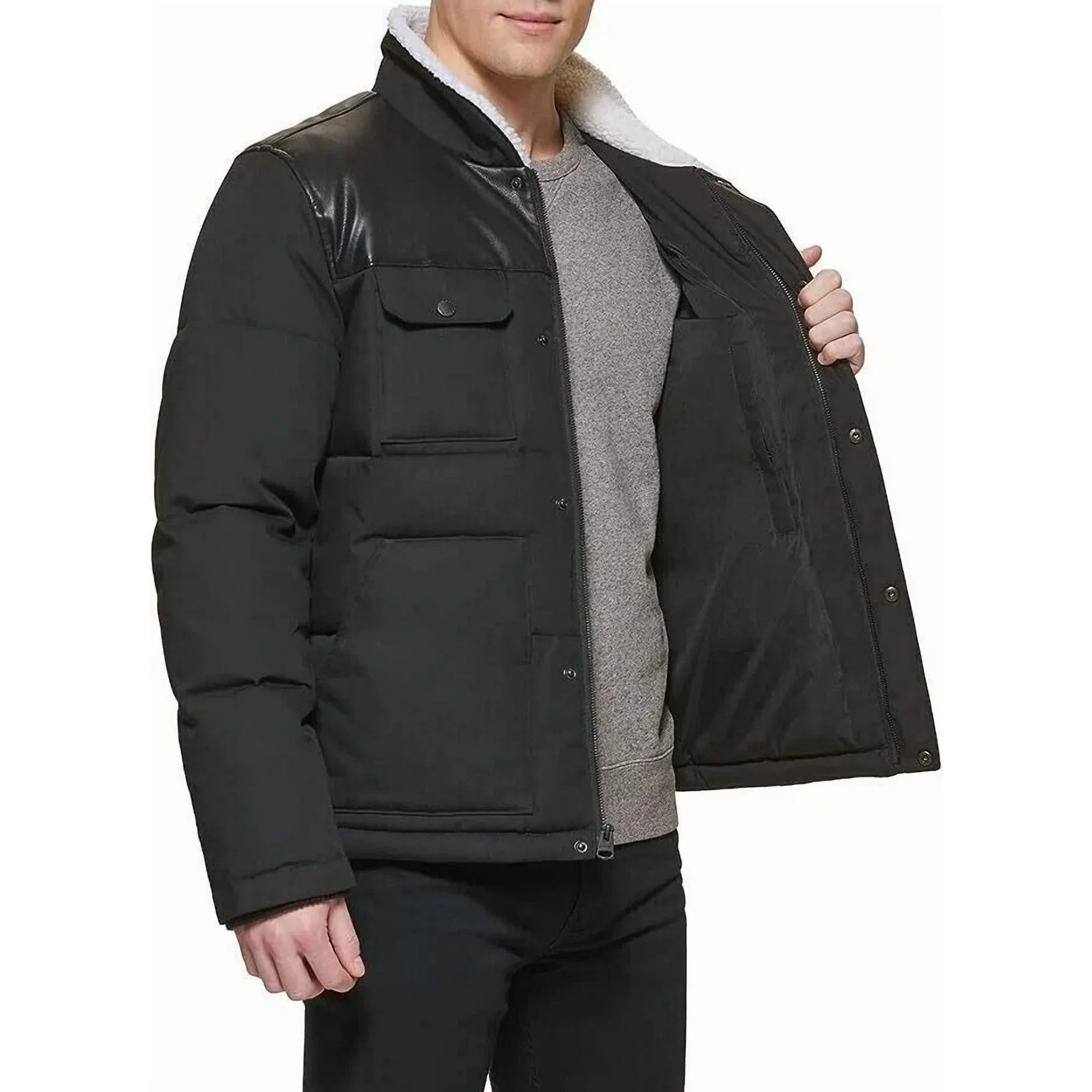 Levi's Men's Quilted Mixed Media Shirttail Work Wear Puffer JacketBlack Medium