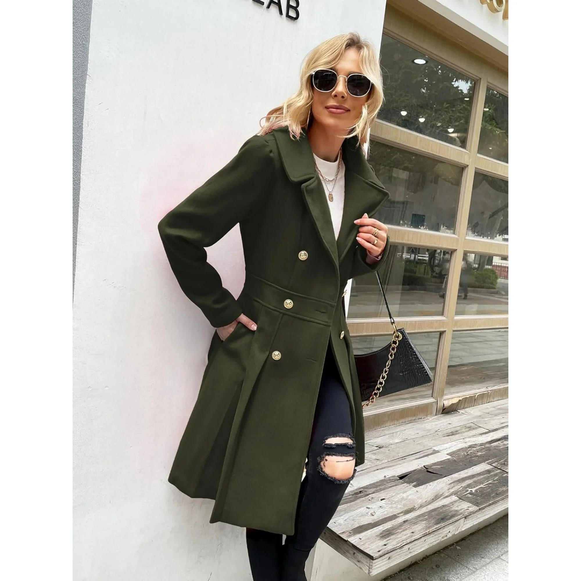 FUNING Women’s Notch Lapel A-Line Pea Coat