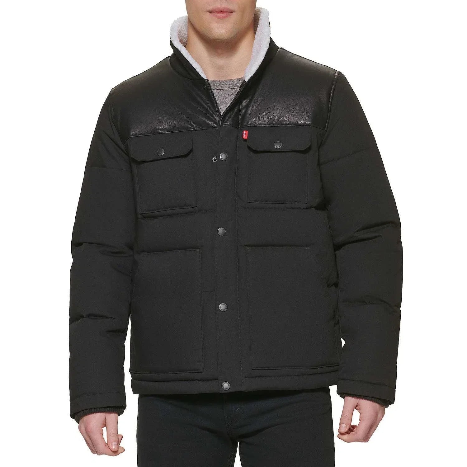 Levi's Men's Quilted Mixed Media Shirttail Work Wear Puffer JacketBlack Medium